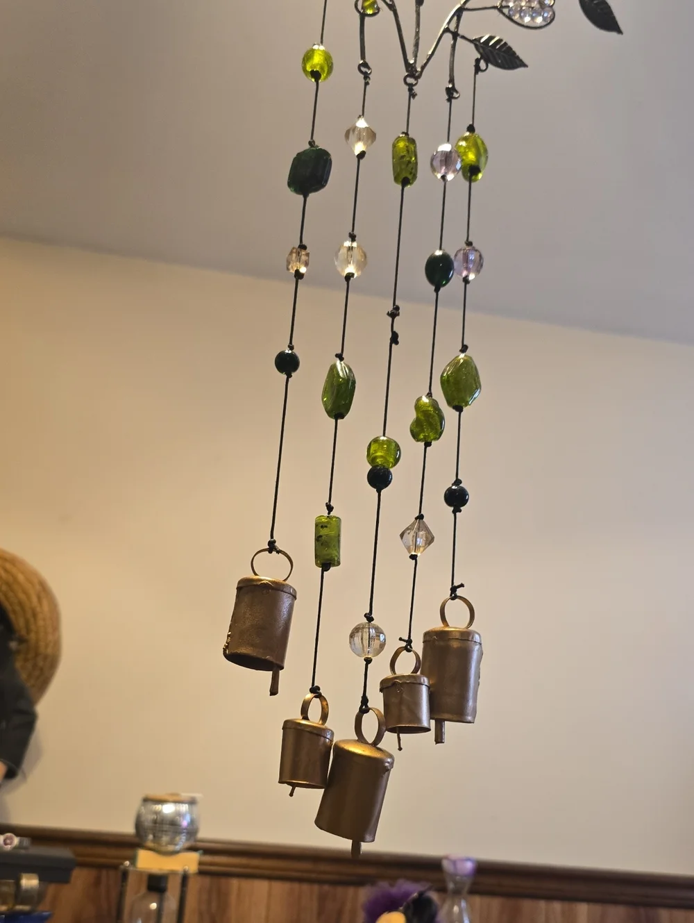Hanging Metal Leaf Wind Chime with Green and Clear Beads
